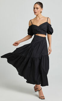 Bella Top - Off Shoulder Cross Over Puff Sleeve Crop Top in Black