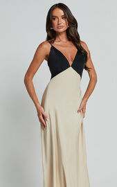 Quincy Maxi Dress - Satin Slip Dress in Black/Champagne | Showpo