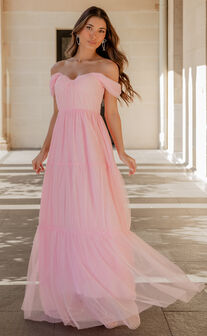 Ontario Maxi Dress - Off Shoulder Corset Bodice Tulle Dress in Ballet Pink