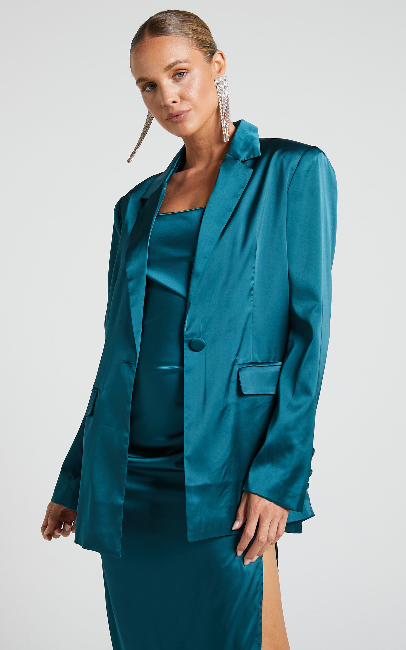 Hayien Blazer Single Breasted Longline Satin Blazer in Teal Showpo