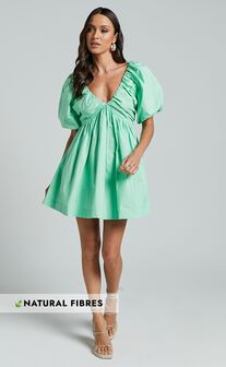 Celie Mini Dress - Puff Sleeve Empire Waist Dress in Mint Green
