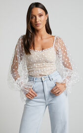 Venetia Bodysuit - Long Sleeve Spot Mesh Bodysuit in White Spot | Showpo