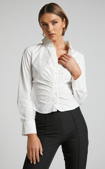 Cleone Shirt  Ruched Front Button Up in White Showpo Australia