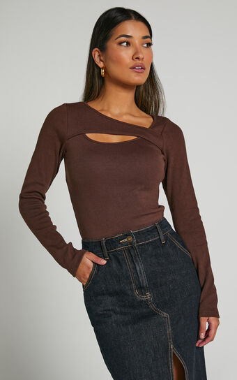 Remi Top - Long Sleeve Asymmetric Cut Out Top in Brown