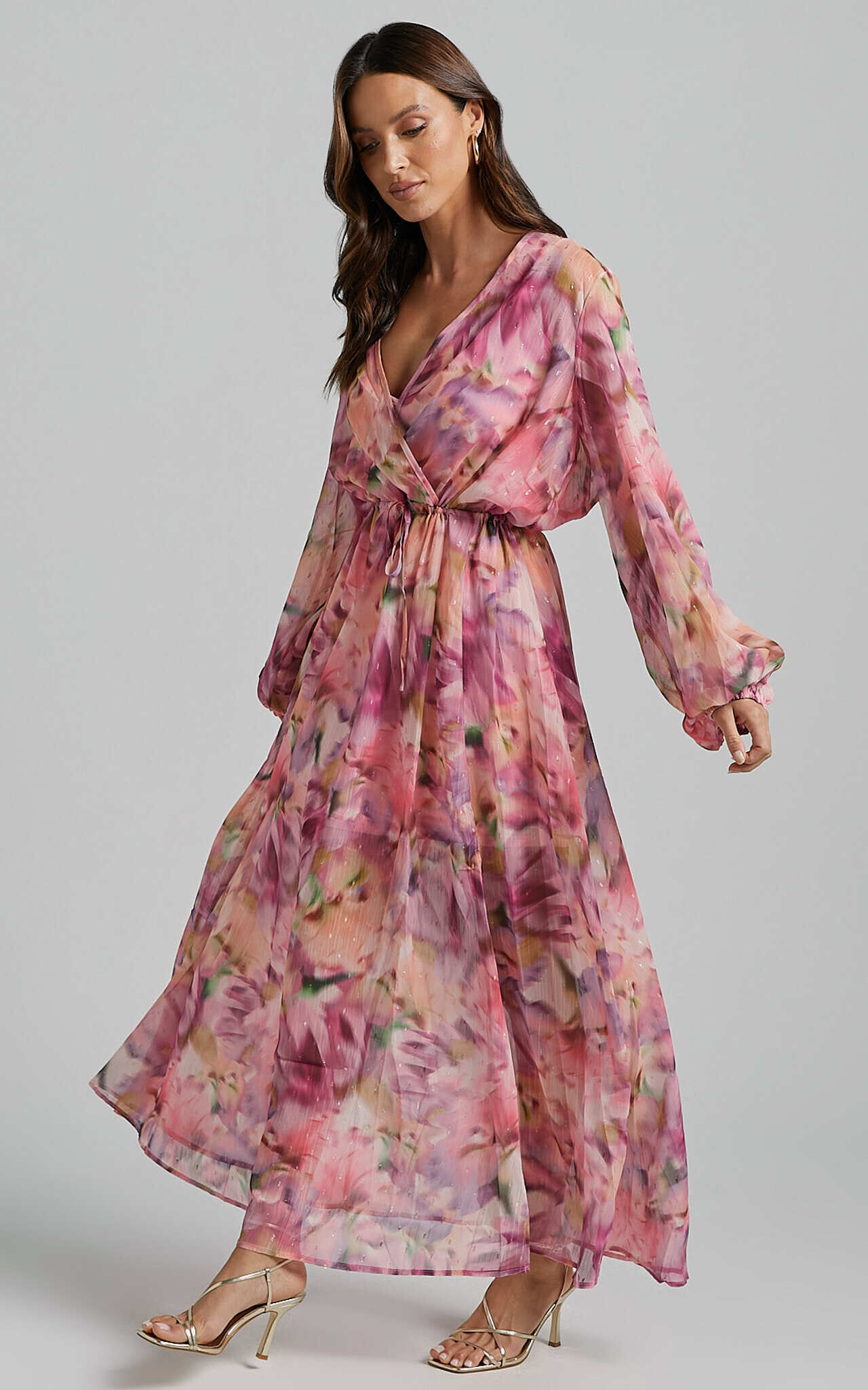 Long pink floral dress cheap