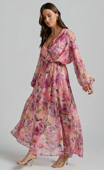 Freyja Maxi Dress - Plunge Long Bishop Sleeve Waist Tie Dress in Pink floral