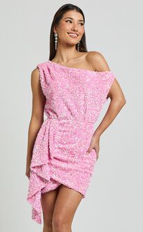 Tonya Mini Dress - Sequin Drape One Shoulder Dress in Pink