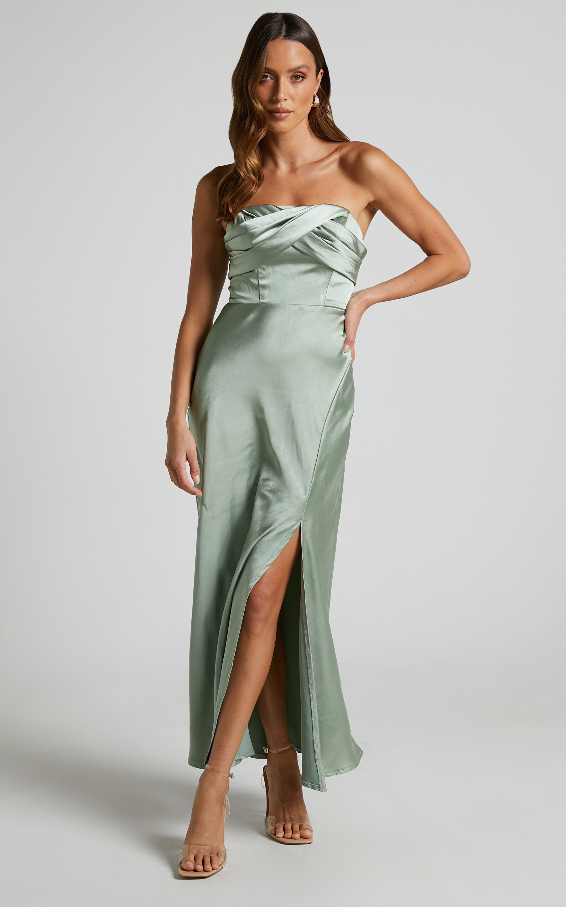Karriel Maxi Dress Strapless Satin Maxi Dress in Sage Green Showpo