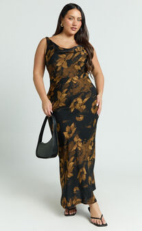 Dara Midi Dress - Low Neck Sleeveless Slip Dress in Amber Floral Print
