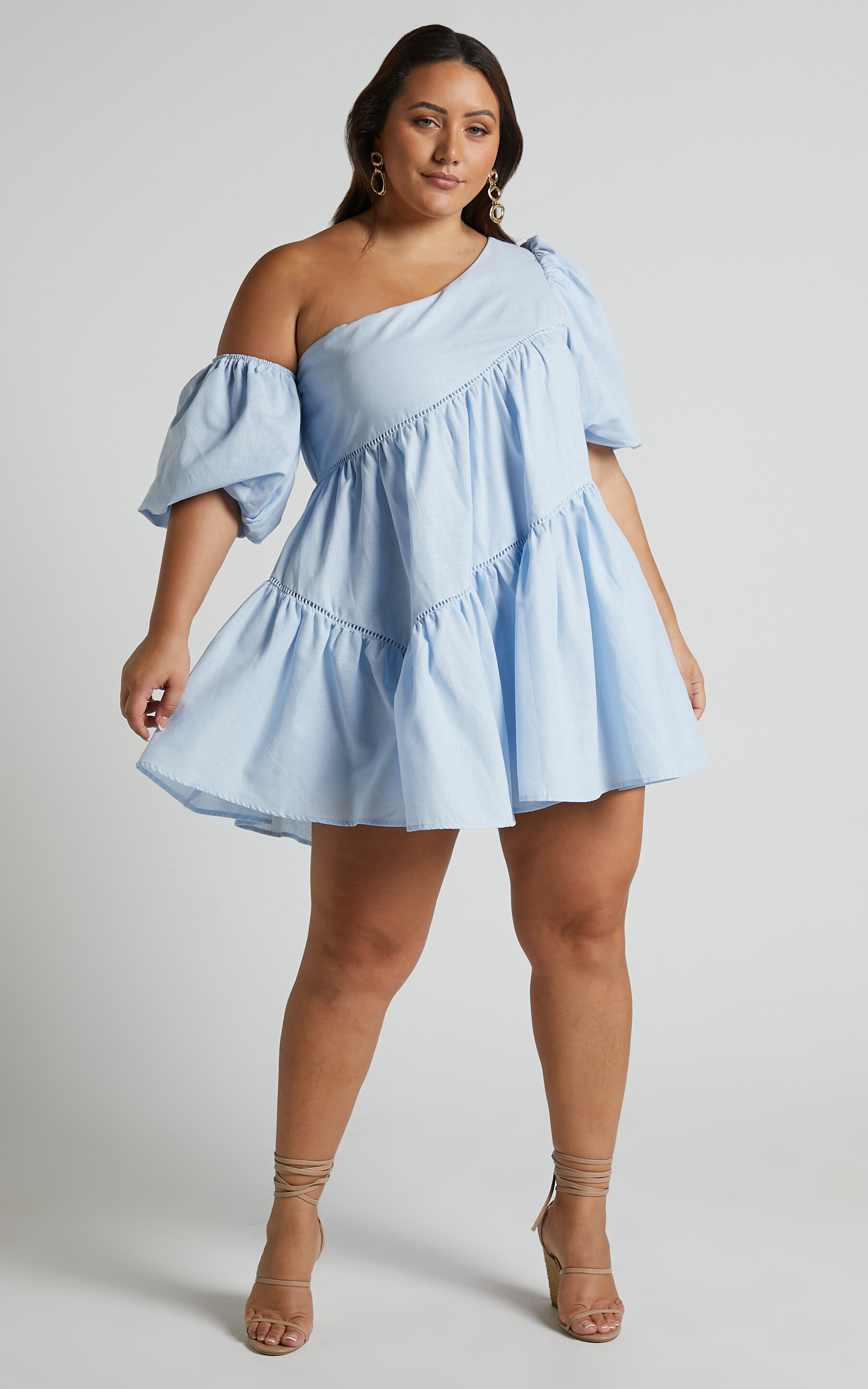 Harleen Mini Dress Linen Look Asymmetrical Trim Puff Sleeve Dress in Light Blue Showpo USA