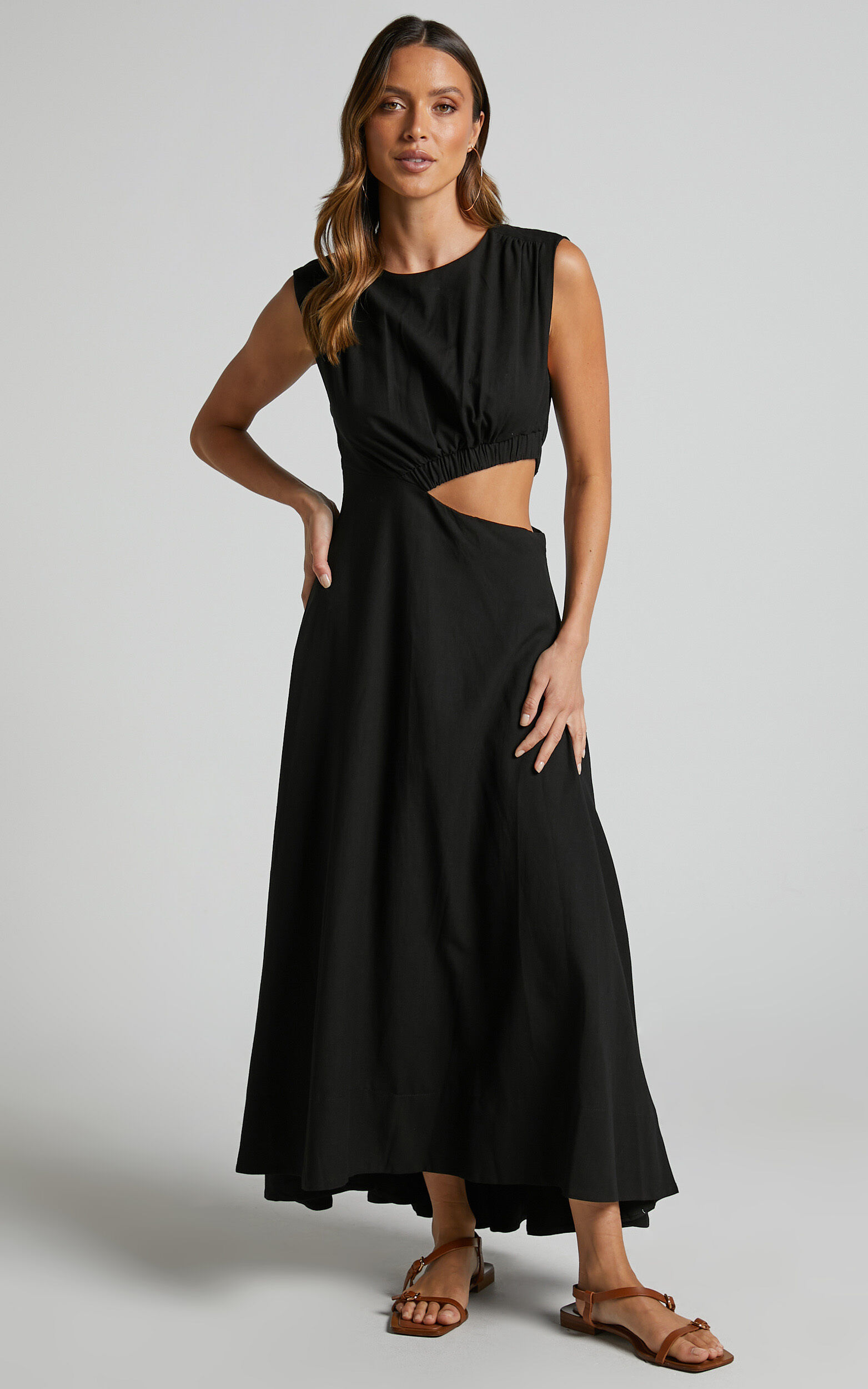 Martha Midi Dress - A Line Side Cutout Sleeveless Dress in Black - 06, BLK1