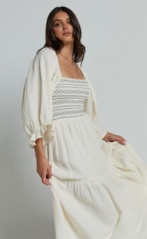 Bellenie Midi Dress - 3/4 Puff Sleeve Square Neck Smock Bodice Tiered Dress in Natural