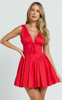 Madeline Mini Dress - V Neck Corset Waist Gathered Full Skirt Dress in Red