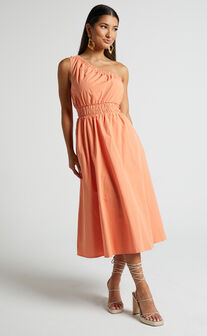 Yulia Midi Dress - One Shoulder Shirred Waist Dress in Orange