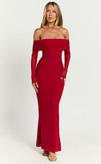 Bethanie Maxi Dress - Off The Shoulder Mesh Dress in Red