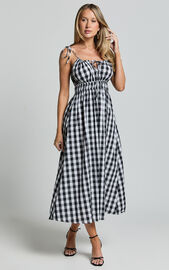 Vela Midi Dress - Strappy Tie Shoulder Elasticated Waist Dress in Black ...