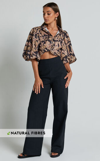 Amalie The Label - Charo Linen Look High Waisted Wide Leg Pants in Black