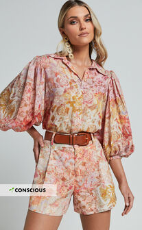 Amalie The Label - Sabine Puff Sleeve Button Through Blouse in Morocco Print