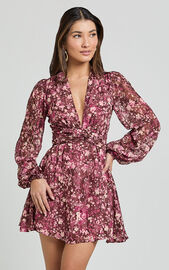 Eleanor Mini Dress - Plunge Twist Front Jacquard Dress in Wine Floral ...