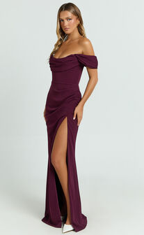 Marcel Maxi Dress - Off Shoulder Corset High Split Dress in Wine