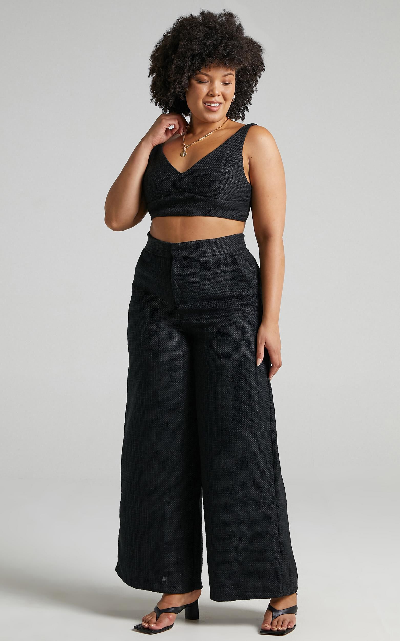 Adelaide Two Piece Set Crop Top and Wide Leg Pants Set in Black