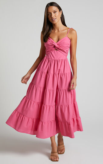 Leticia Midi Dress - Twist Front Tie Strap Tiered Dress in Hot Pink