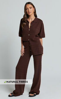 Tommy Two Piece Set - Knit Button Through Top and Pants Two Piece Set in Chocolate