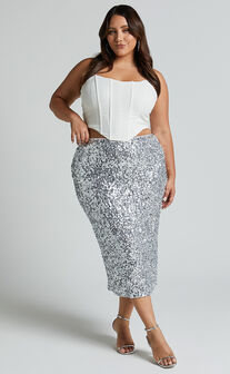 Hasley Midi Skirt - Sequin Bodycon Skirt in Silver
