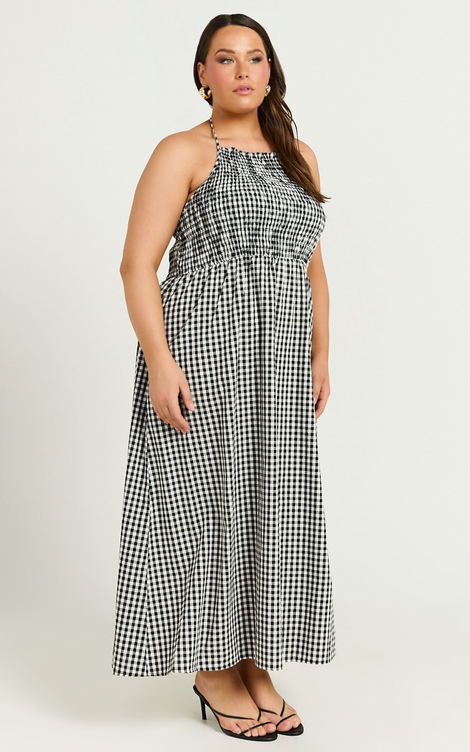 Aimie Midi Dress - Strappy Halter Neck Shirred Top in White Check | Showpo