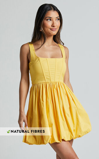 Brianda Mini Dress - Corset Bodice Bubble Hem Dress in Yellow