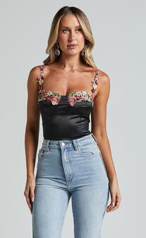 HARMONY TOP - FLORAL DETAIL CUP BUST SATIN CROP TOP in Black