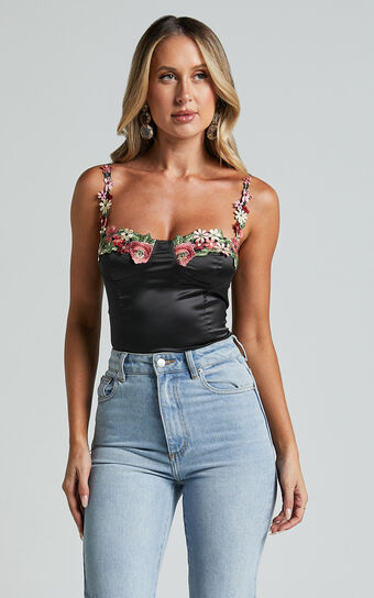 HARMONY TOP - FLORAL DETAIL CUP BUST SATIN CROP TOP in Black