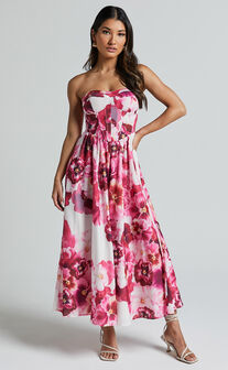 Kaiden Midi Dress - Strapless Fit and Flare in Fiesta Floral Pink