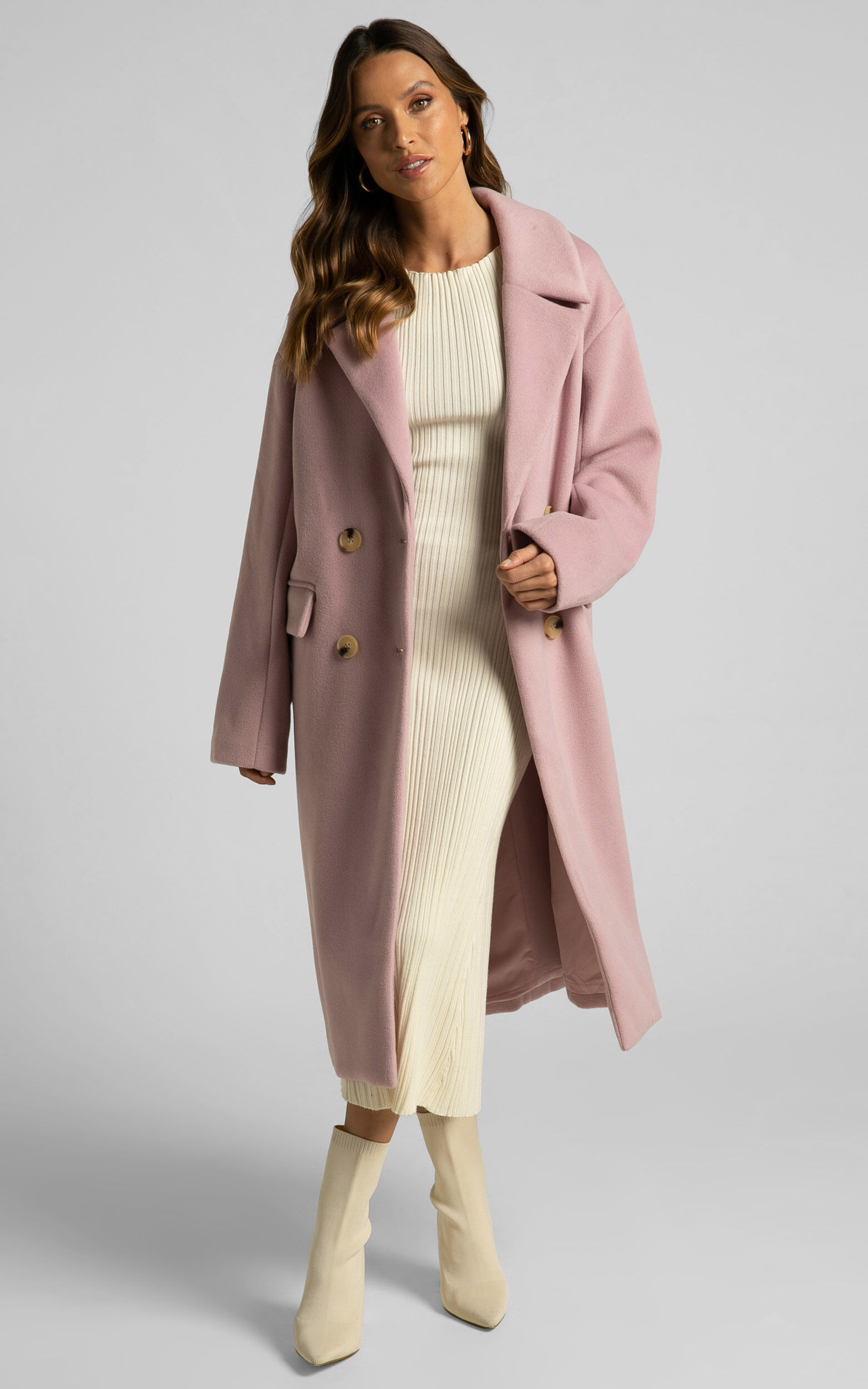 Libee Coat - Double Breasted Longline Coat in Dusty Pink - 06, PNK1