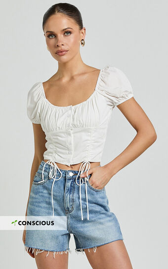 Tisdale Shorts - High Waist Frayed Hem Recycled Denim Mom Shorts in Mid Blue Wash