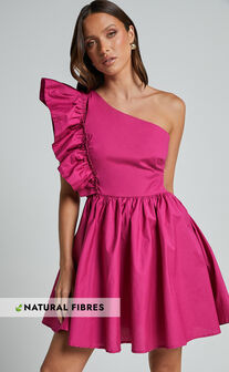 Brodie Mini Dress - One Shoulder Frill Dress in Raspberry