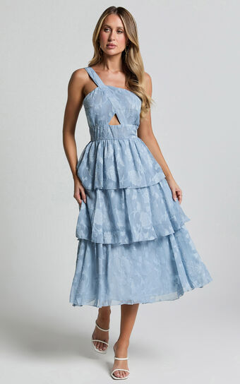 Alvinia Midi Dress - One Shoulder Cut Out Tiered Dress in Light Blue