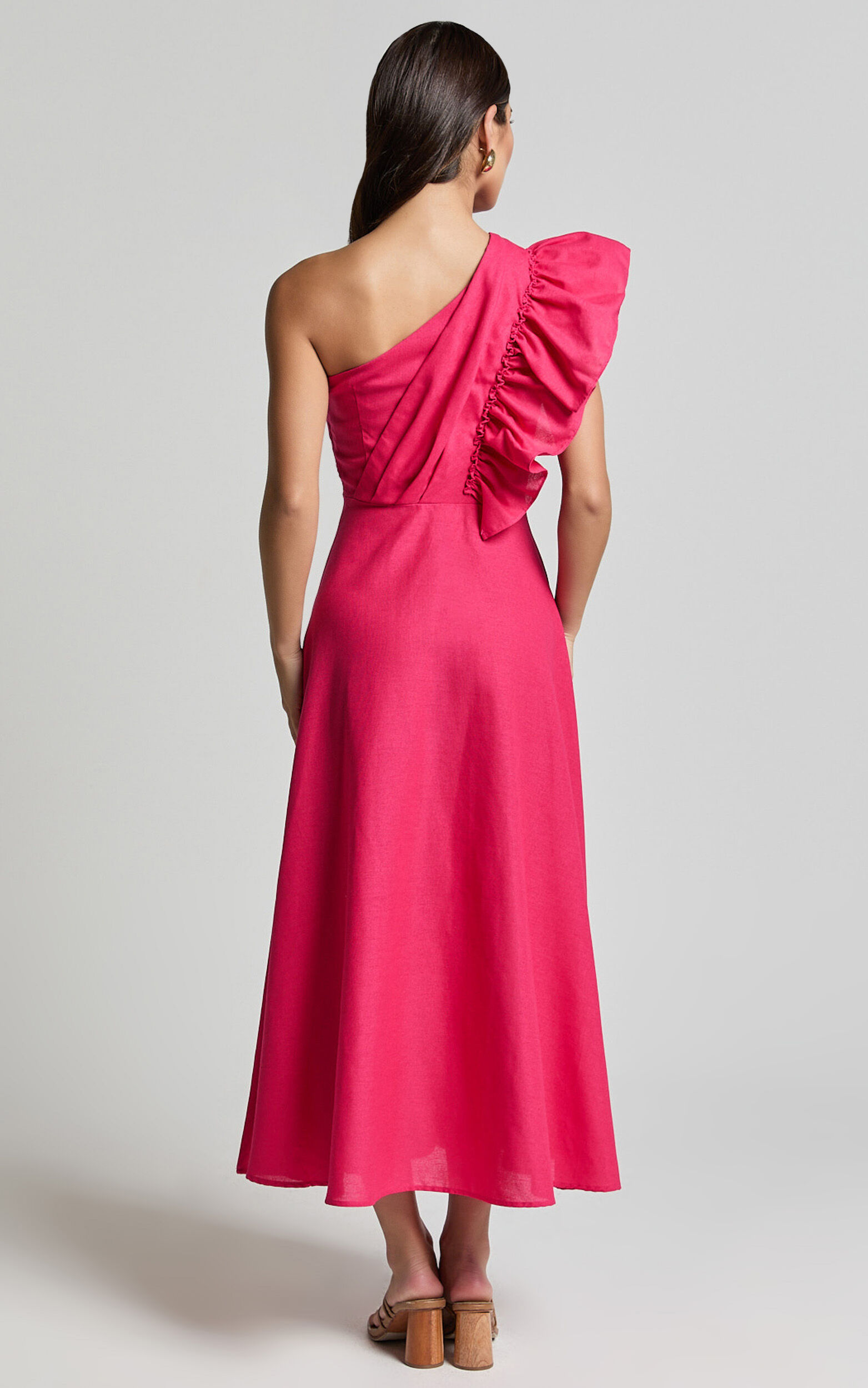 Dixie Midi Dress - Linen Look One Shoulder Ruffle Dress in Raspberry ...