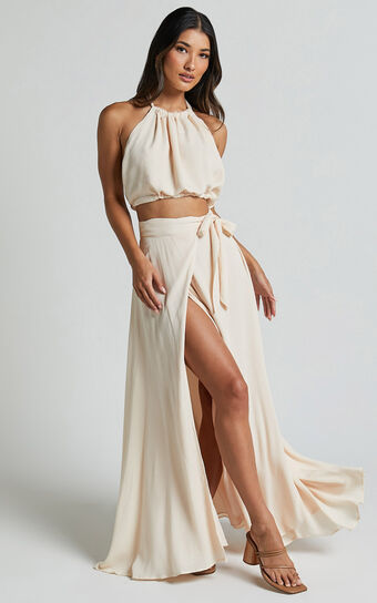 Wenalyn Two Piece Set - Halter Neck Crop Top and Thigh Split Midi Skirt Set in Natural