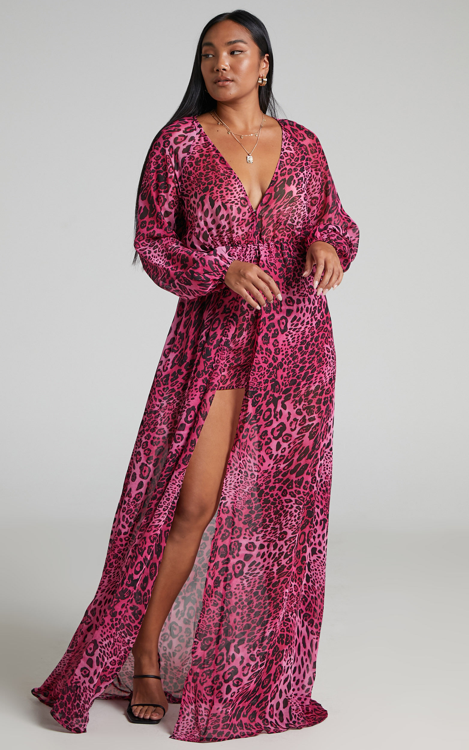 Aziza Playsuit - Plunge Neck Maxi Skirt Playsuit in Pink Leopard - 04, MLT1