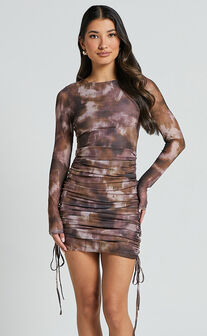 Amira Mini Dress - Ruched Mesh Dress in Rustic Haze Print