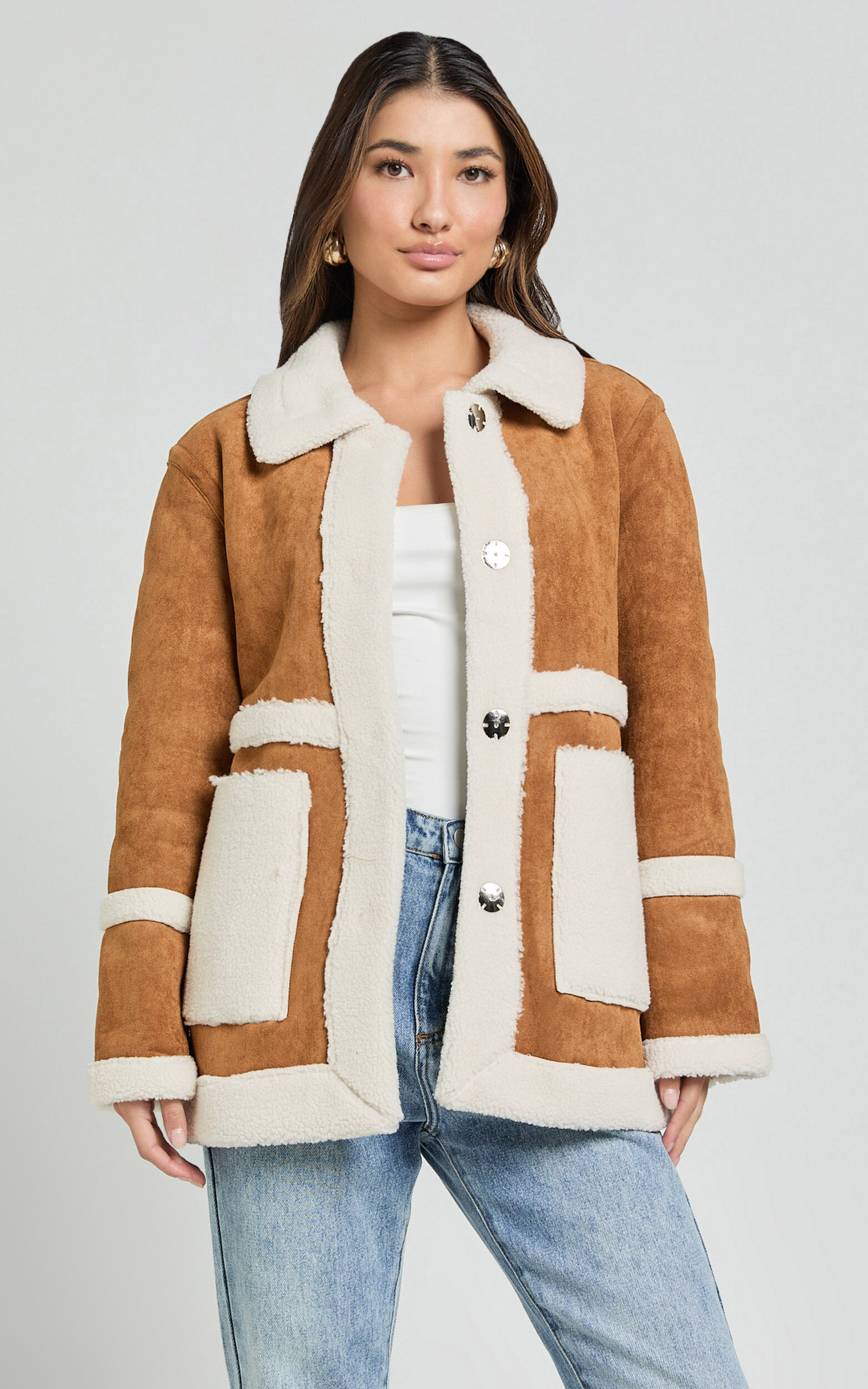 Shelley Coat - Faux Shearling Aviator Coat in Brown - 06, BRN1