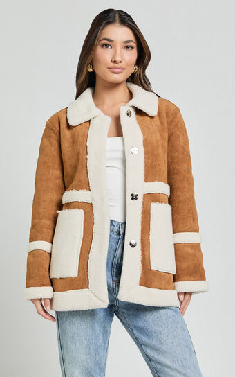 Shelley Coat - Faux Shearling Aviator Coat in Brown