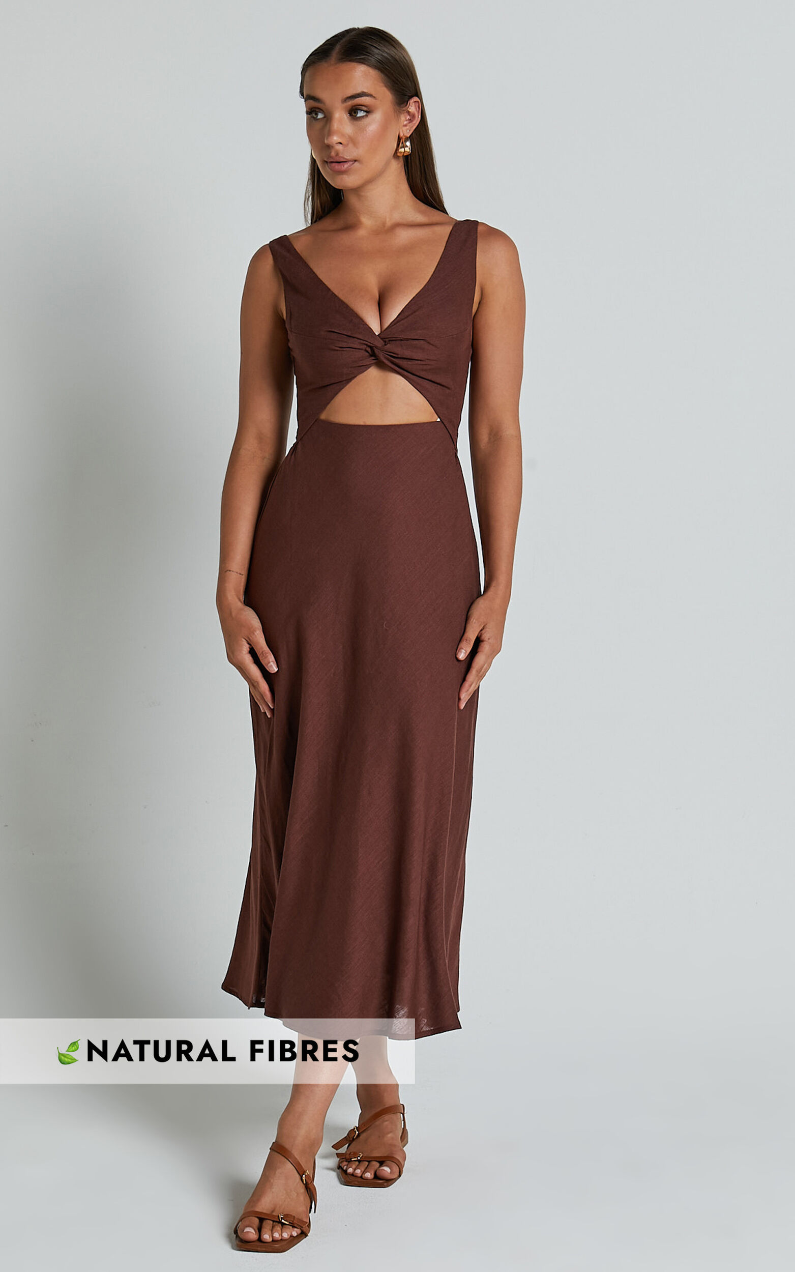 Armenia Midi Dress - Twist Front Cut Out Dress in Chocolate - 06, BRN1