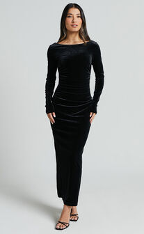 Mirabelle Midi Dress - Long Sleeve Back Cut Out Ruched Velvet Dress in Black