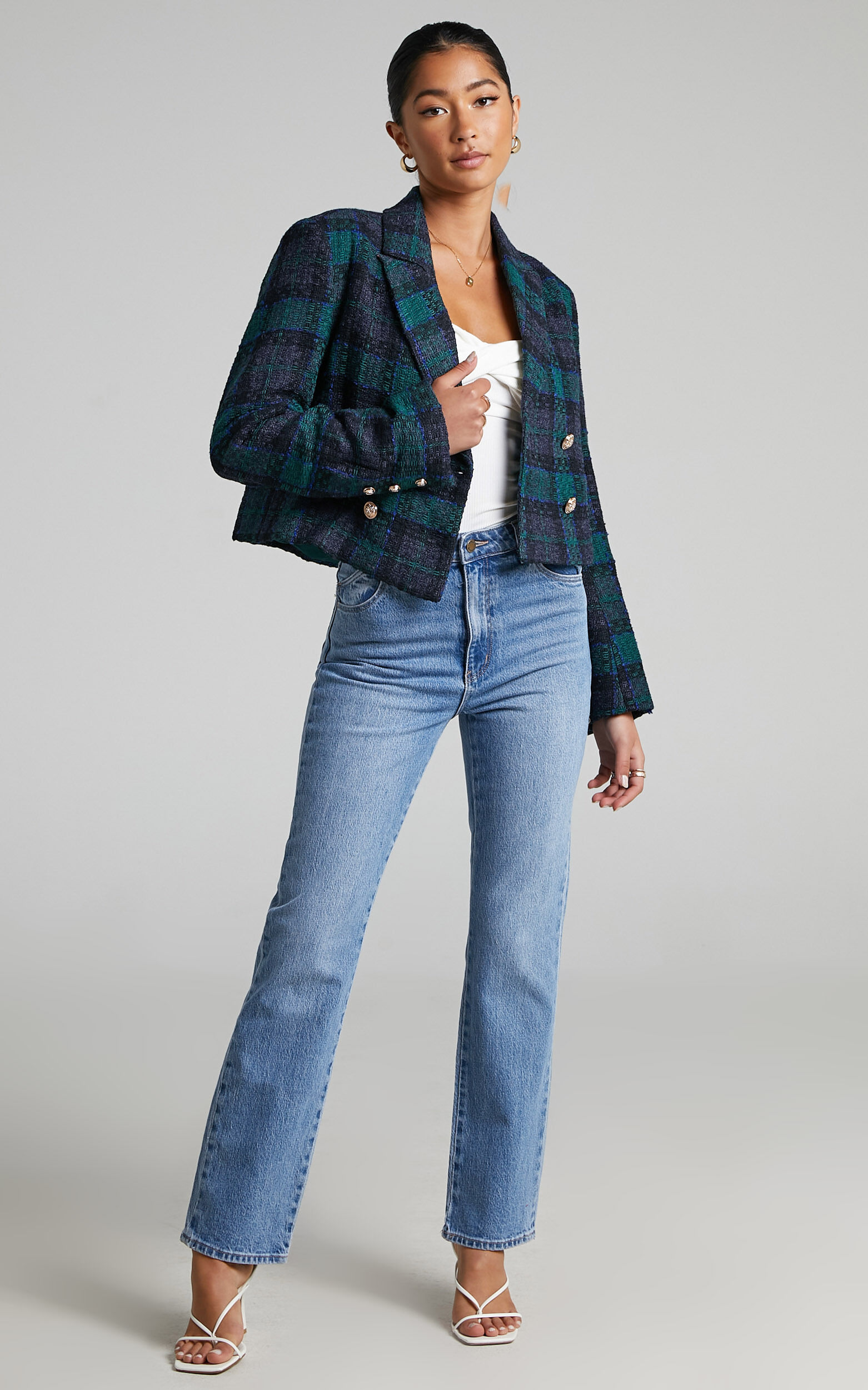 Tomiko Blazer - Cropped Boucle Tweed Blazer in Green Tweed