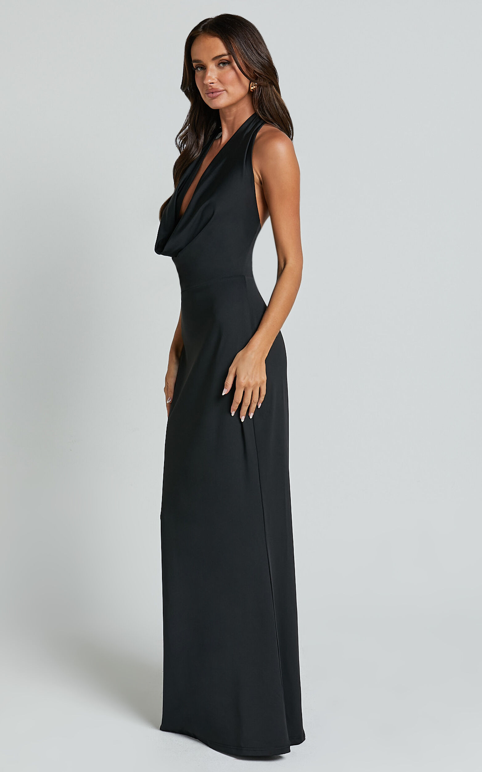 Sylvana Maxi Dress Cowl Halter Neck Bodycon Dress in Black Showpo