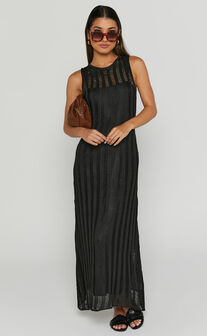 Aimee Midi Dress - Sleeveless Flared Knit Dress in Black