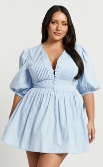 Zandra Mini Dress - Puff Sleeve Poplin Dress in Icy Blue