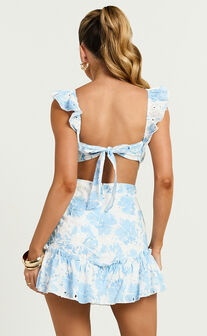Anisha Mini Dress - Flutter Sleeve Straight Neck With Tie Back Dress in Blue Floral Print